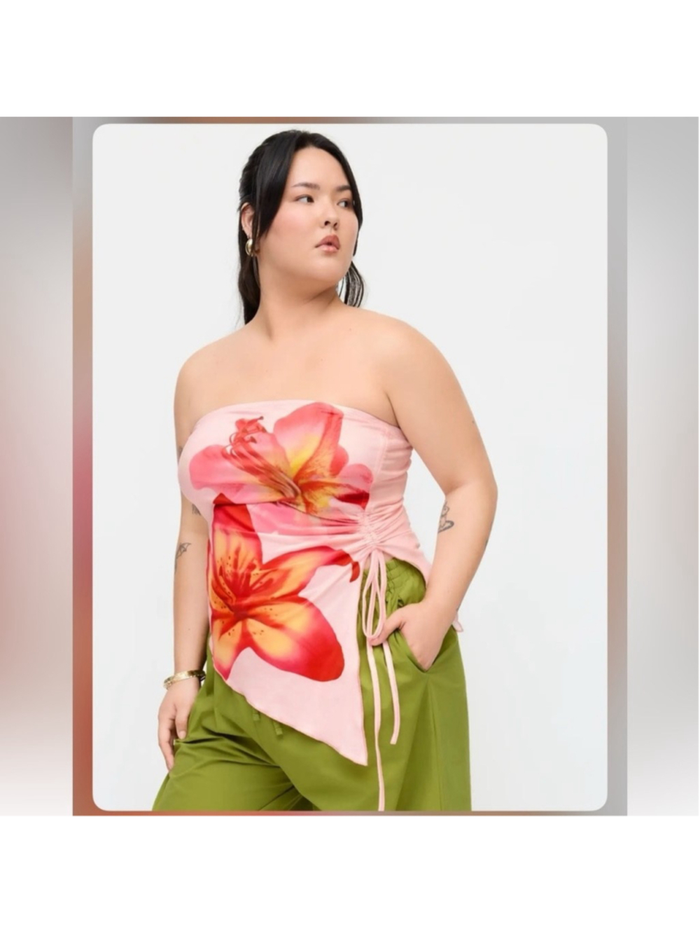 Cider FLORAL GRAPHIC DRAWSTRING ASYMMETRICAL HEM BANDEAU TOP CURVE & PLUS